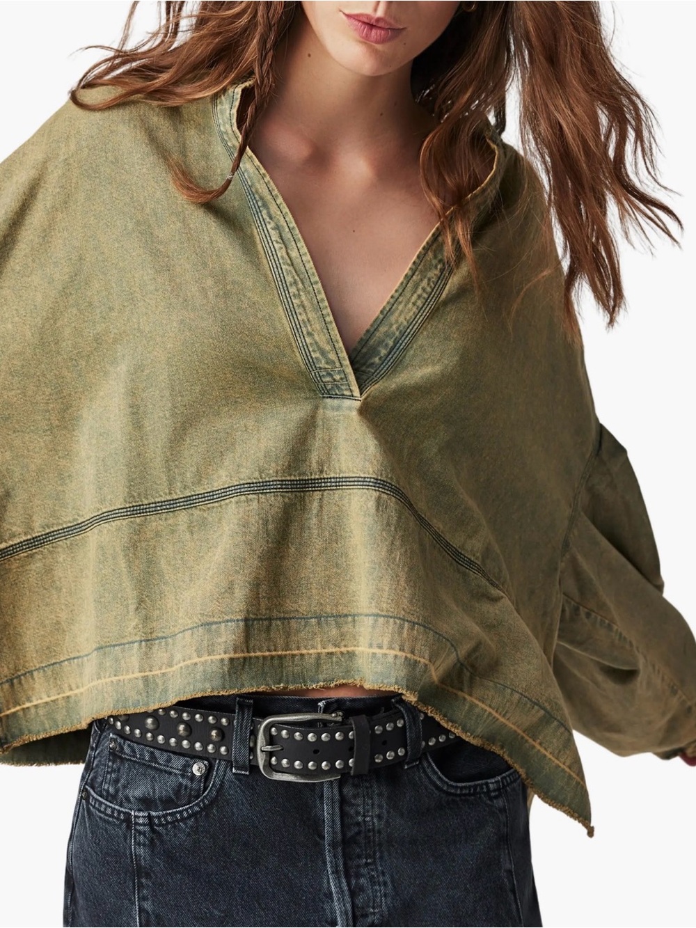 Free People Jude Oversize Boxy Denim Pullover, Warm Camel, XS, NWT